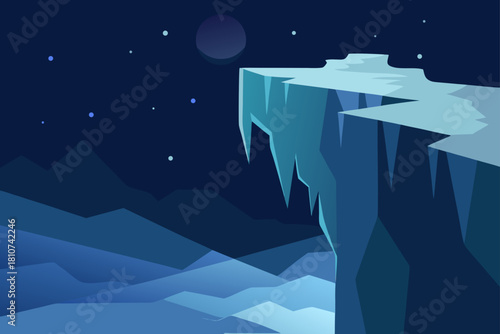 Icy cliff at night with moon and stars, arctic frozen landscape