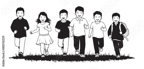 Vector outline of smiling children running across an outdoor setting.

