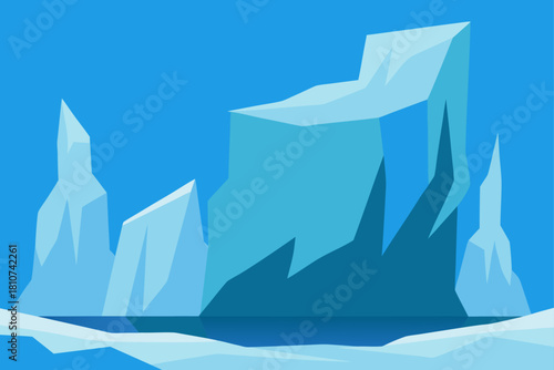 Stylized arctic landscape with icebergs floating in blue cold water