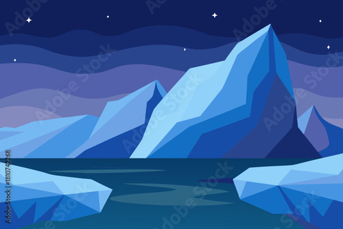 Arctic night landscape with icebergs and mountains under starry sky