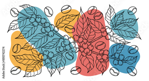 Coffee Beans and Leaves Abstract Design with Colorful Shapes.