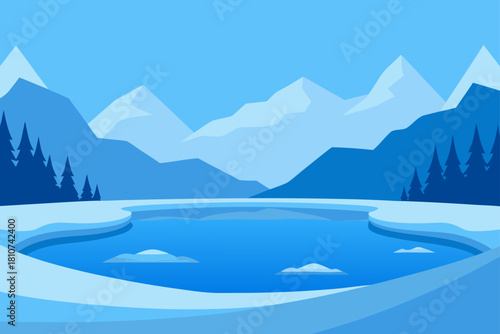 Flat winter mountain landscape with frozen lake and pine trees
