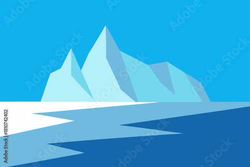 Stylized icebergs floating in arctic ocean against a blue sky