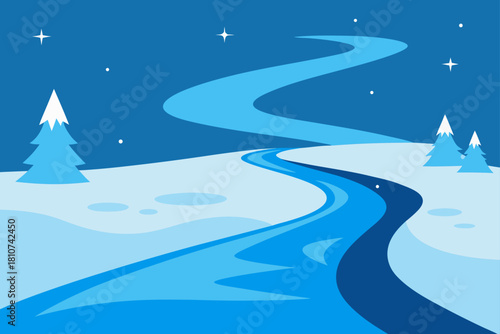 Winding river through a serene snowy winter landscape at night.