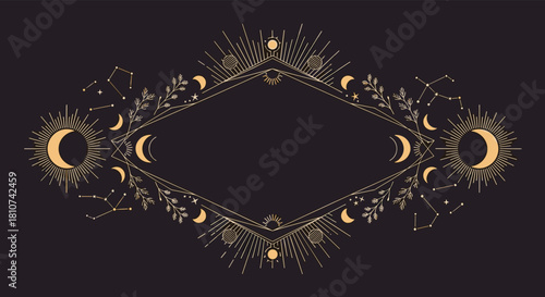 Mystical Celestial Frame with Sun Moon Stars and Cosmic Elements.