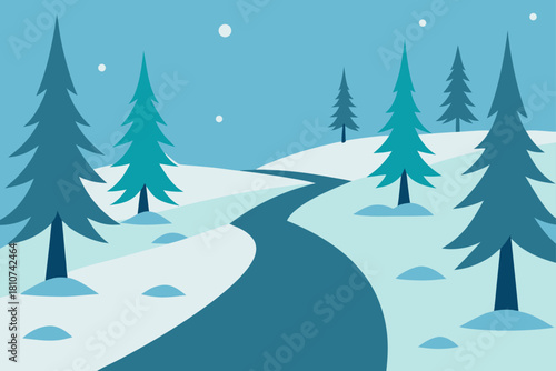 Snowy winter scene with evergreen trees and a path through hills