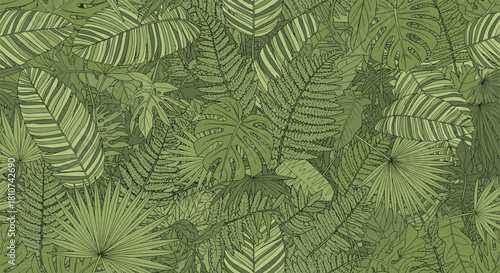 Lush tropical foliage pattern with various green leaves creating a natural background.