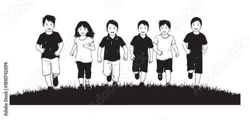 Black and white illustration of happy children playing outdoors.