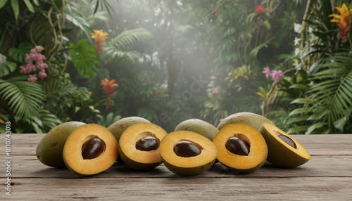 Fototapeta Naklejka Na Ścianę i Meble -  Lucuma fruit halves on wooden surface with jungle background.