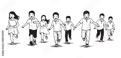 Hand-sketched vector of joyful kids running outside.