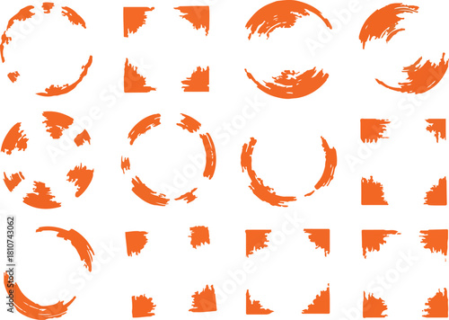 Sixteen orange brushstroke shapes arranged on a white background The shapes include circles arcs and cornerlike forms