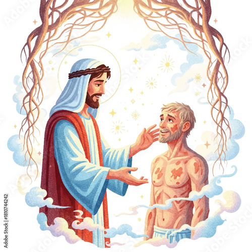 Illustration of Jesus Christ healing a man with skin disease, surrounded by clouds and a tree-like archway, bathed in divine light.