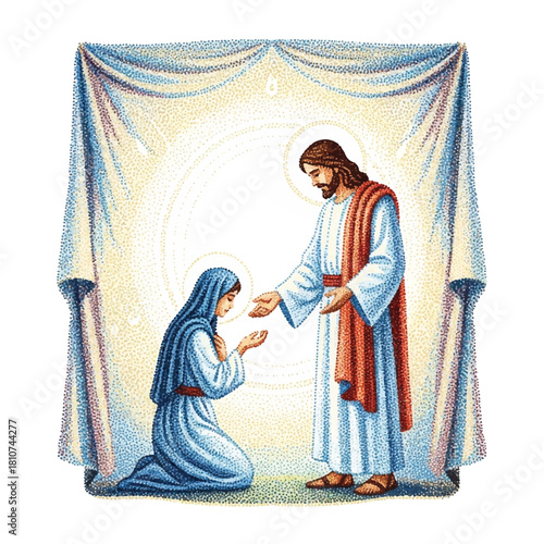 Jesus Christ extends his hand towards a kneeling woman, possibly Mary Magdalene, in front of a draped curtain with a radiant light behind them.