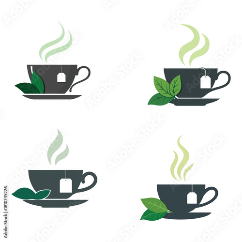 Elegant Black Tea Cup with Tea Bag and Rising Steam on Saucer with Green Leaves Vector