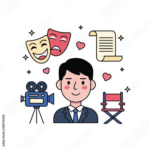 Illustration of a man surrounded by film and theater elements, including masks, a camera, a script, and a director's chair.