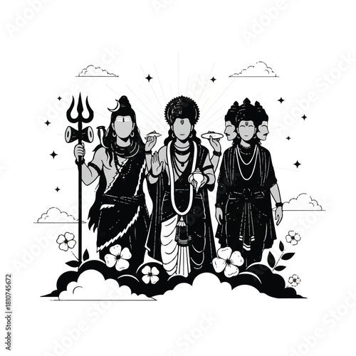 Black and white illustration depicting the Hindu Trimurti: Shiva holding a trident, Vishnu with a halo, and Brahma with four faces.