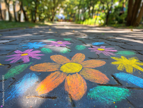 Chalk Art by a Child on Pavement to Celebrate the Summer Season