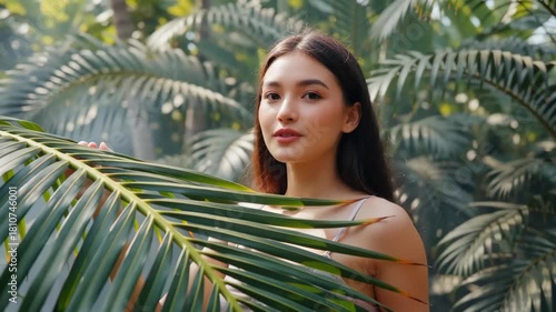 Young woman interacting with lush green foliage in a vibrant tropical environment, capturing a serene moment