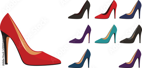 Red high heel shoe collection, fashion footwear, stylish stiletto heels, elegant design, colorful pumps, retail display, trendy illustration, variety