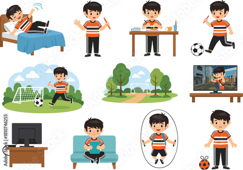 Set of Boy's Daily Activities Poses, Including Schoolwork, Playing Soccer, Exercise, and Leisure Time with Technology.