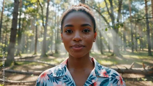 A young woman with a joyful expression stands amidst a sunlit forest, surrounded by tall trees and soft rays of light illuminating the scene