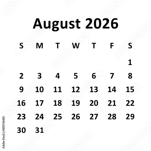 august 2026. monthly calendar design. week starts on sunday. printable, editable, simple, and clean vector design isolated on white background.