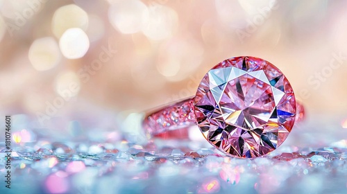 A luxurious pink diamond engagement ring is showcased on a sparkling surface, with soft, blurred lights creating a romantic and elegant atmosphere.