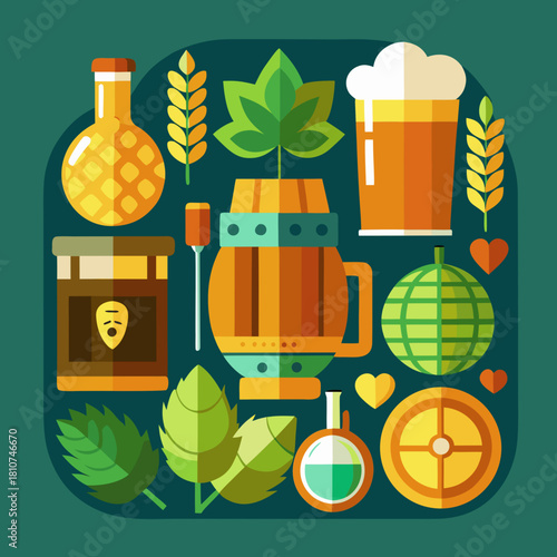 “Vector icons: craft beer & brewery – hop cones, beer glass, barrel, flat style”
