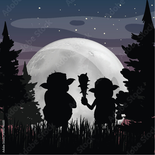 Cute silhouette of children under full moon in quiet winter forest landscape