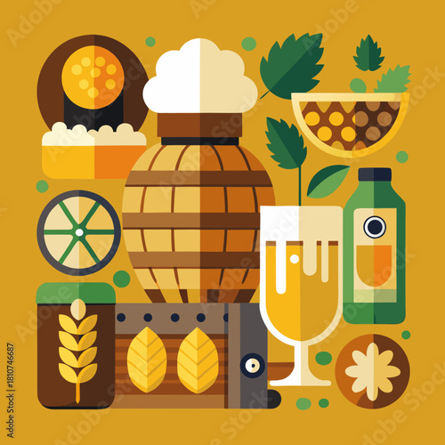 “Vector icons: craft beer & brewery – hop cones, beer glass, barrel, flat style”
