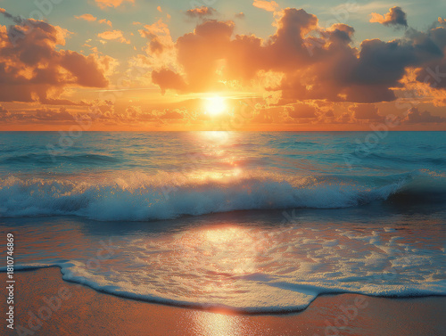 Ocean Shore Bathed in Golden Sunset Light with Soft Rolling Waves