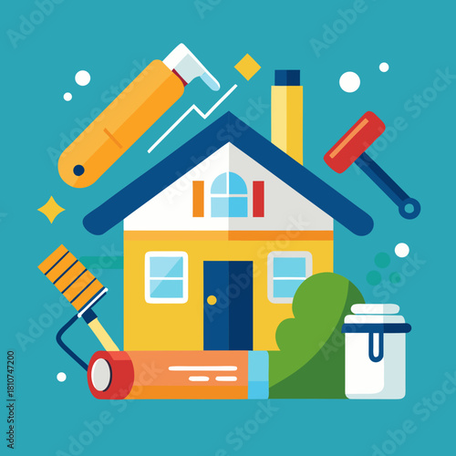 “Flat style vector illustration of home renovation concept: paint roller, hammer, blueprint”
