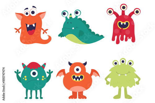 Six Colorful Cartoon Monster Characters Flat Design Illustration