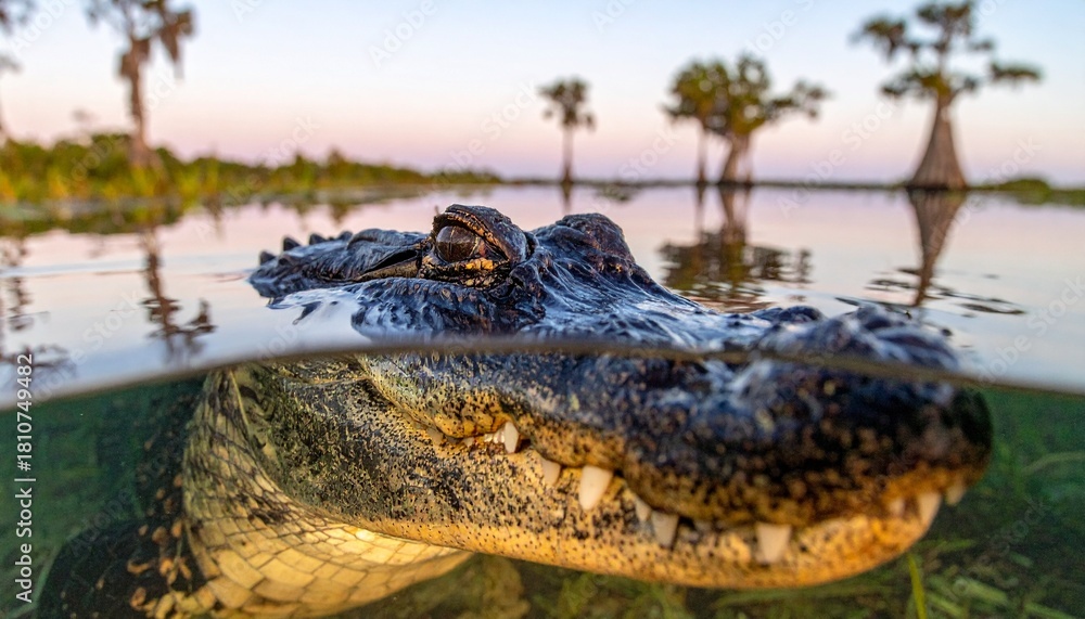 Obraz premium Close-up view of an alligator's head emerging from tranquil water, with a serene landscape.