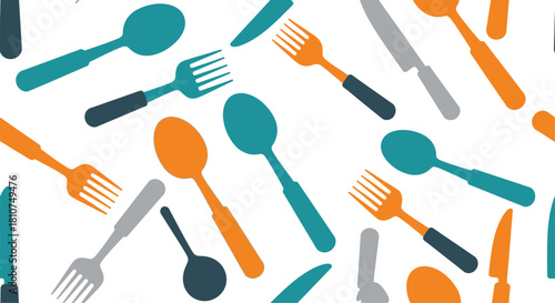 Seamless pattern of colorful kitchen utensils, including forks, knives, and spoons, for culinary design and backgrounds