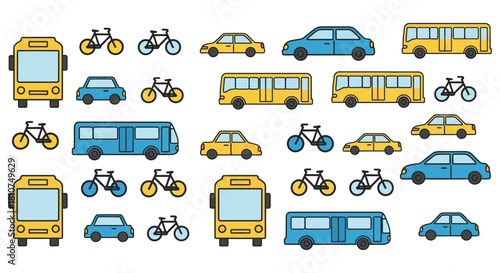 Collection of Transportation Icons Cars, Bikes, and Buses