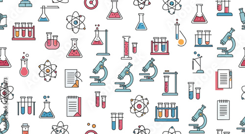 Seamless pattern of diverse laboratory equipment and scientific symbols, ideal for backgrounds celebrating research, education, and discovery