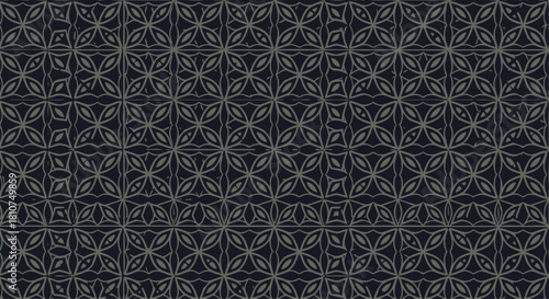 Elegant abstract geometric pattern design with symmetrical repeating floral and star shapes, on a dark background