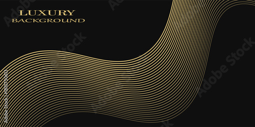 Abstract luxury with shining gold lines waves on black background. Futuristic background of flowing gold lines for banner, poster, cover, brochure, flyer, website