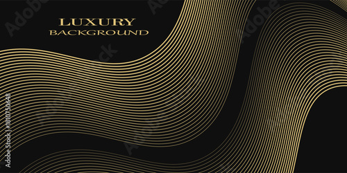 Abstract luxury with shining gold lines waves on black background. Futuristic background of flowing gold lines for banner, poster, cover, brochure, flyer, website