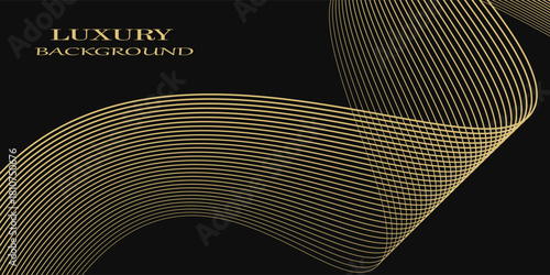 Abstract luxury with shining gold lines waves on black background. Futuristic background of flowing gold lines for banner, poster, cover, brochure, flyer, website