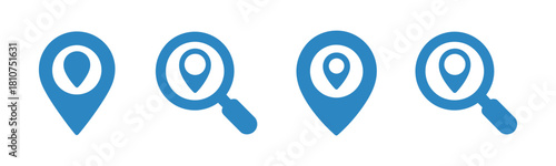 Local SEO icons set, map pin location, place marker, pointer, GPS with magnifying glass icon symbol, thin line and flat style vector illustration, perfect for digital marketing, website design