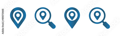 Local SEO icons set, map pin location, place marker, pointer, GPS with magnifying glass icon symbol, thin line and flat style vector illustration, perfect for digital marketing, website design