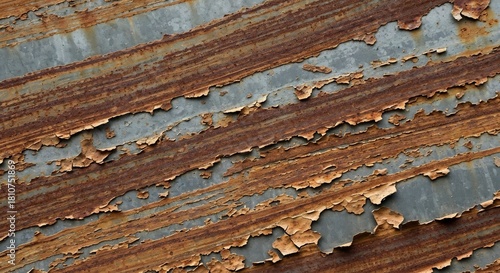 Corrugated metal sheet with peeling paint and rust revealing a textured surface with diagonal stripes