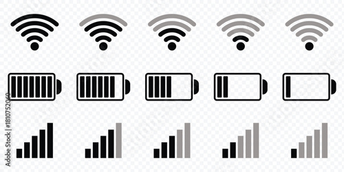 Phone bar status Icons, battery Icon, wifi signal strength. Set wifi icon isolated on white background for phone. Status bar icon. Status bar phone icon vector illustration.