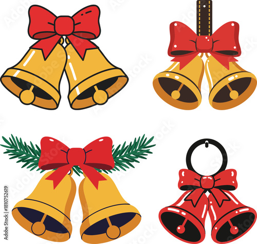 Collection of decorative golden bells with red bows, featuring different styles against a transparent background, ideal for holiday themes and festive designs.