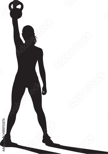 Silhouette of a woman performing a kettlebell swing exercise with one arm raised