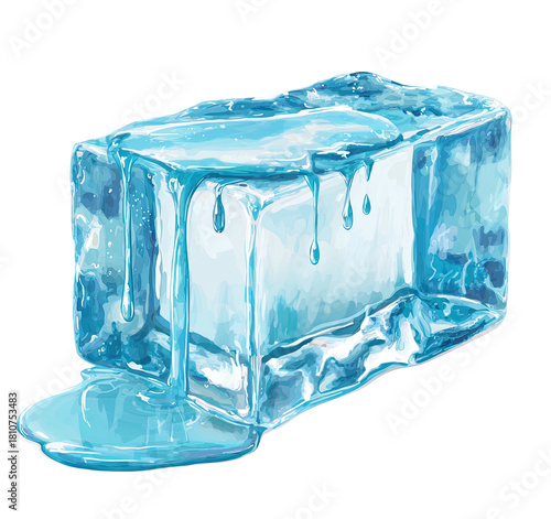 Translucent rectangular ice block melting, dripping water