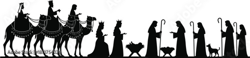 Christmas nativity scene silhouette with three wise men on camels, shepherds, holy family, and baby Jesus in manger, black vector illustration for holiday design