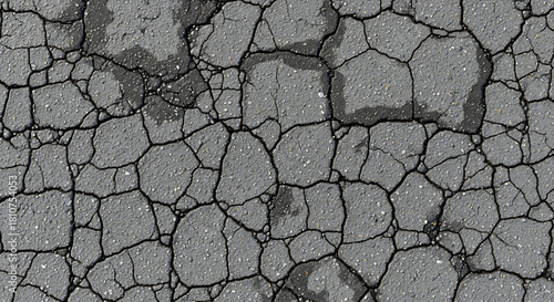 Cracked gray asphalt shows a web of dark fissures and scattered water spots